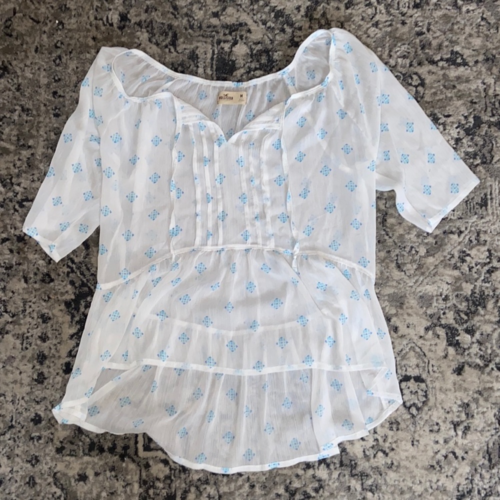 Hollister Silky White and Blue Blouse!